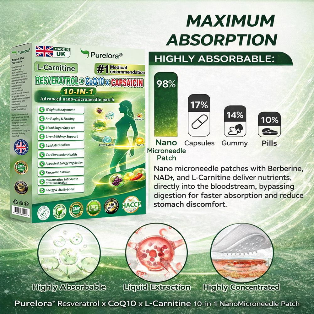 🔥New arrivals: 80% off | Purelora® L-Carnitine Resveratrol × CoQ10 × CAPSAICIN 10-in-1 Nano Microneedle Patch (Just once daily, visible changes in 7 days) ✅ Supports weight management, skin firmness, energy metabolism, cardiovascular health, fat burning