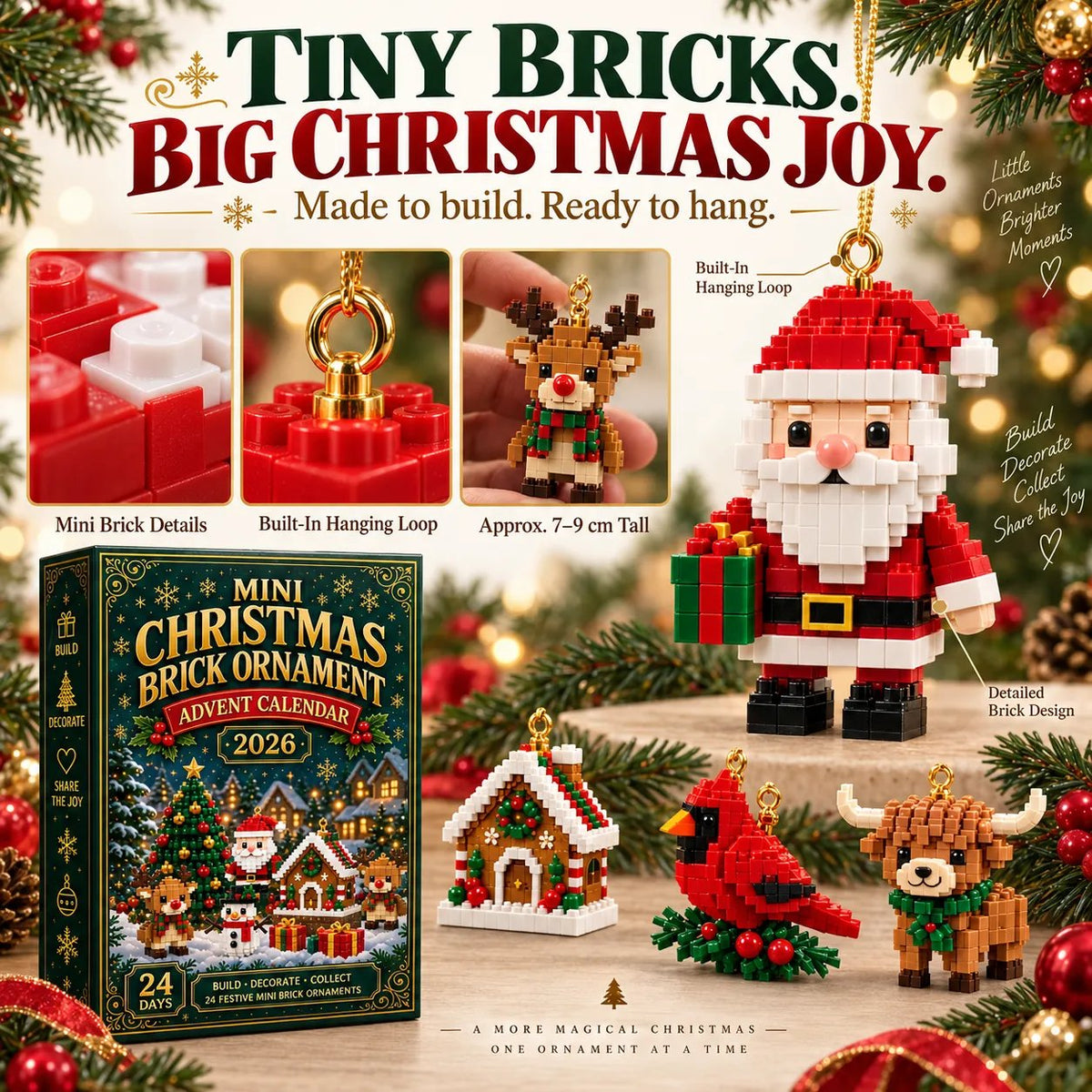 🎄🧱 SVOZK® Build & Hang Christmas Countdown – 24 Mini Holiday Brick Ornaments